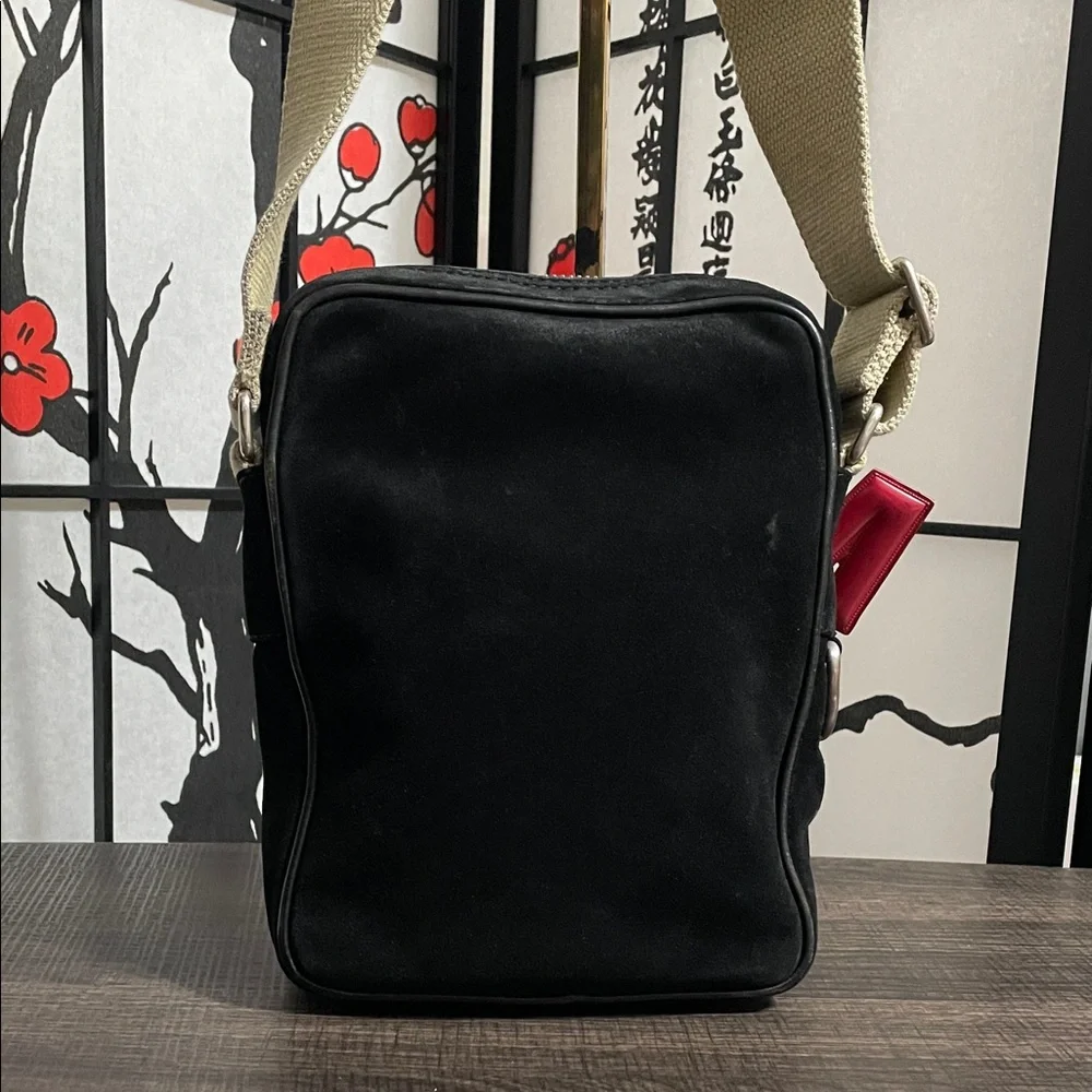 Marc Jacobs Suede Vintage Black Crossbody with Cream Strap and Red M Charm